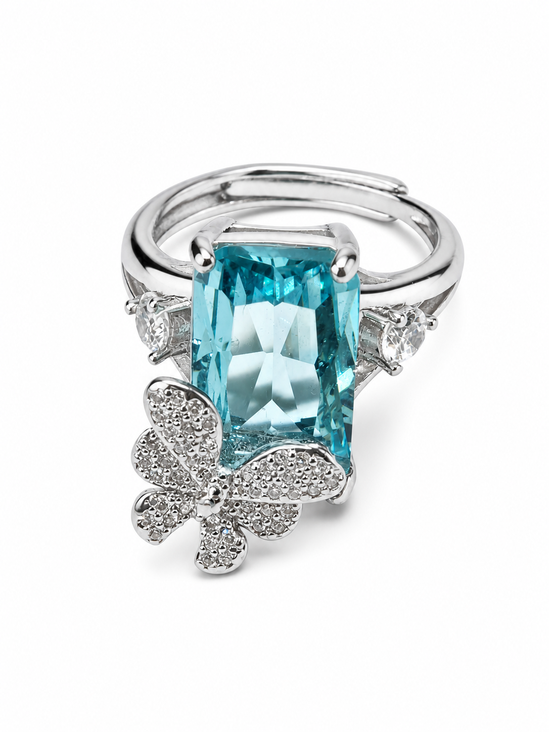 Aqua Butterfly Zircon Adjustable Ring white background product image