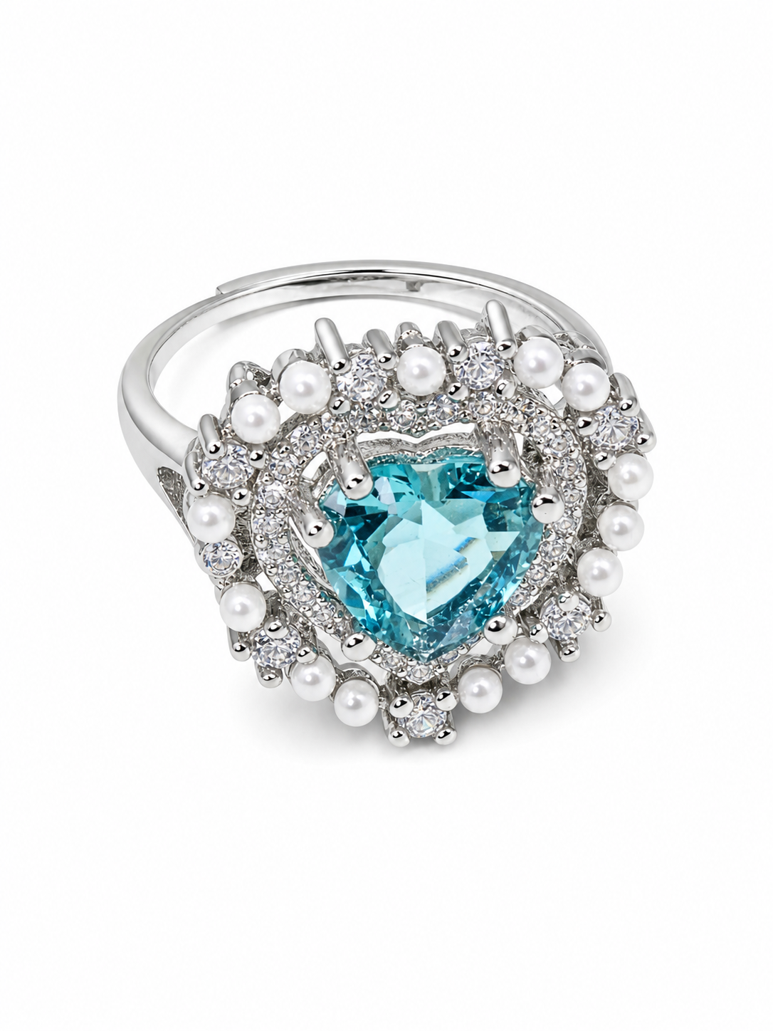 Pearl Heart Aqua Zircon Adjustable Ring white background product image